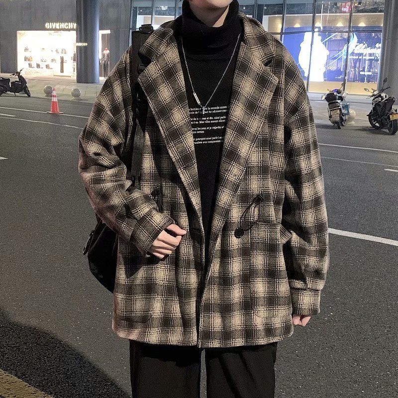 

2021 New Plaid Men's Fashion Casual Retro Short Men Wild Oversized Woolen Coat Mens Overcoat -2xl Oyr5, Brown
