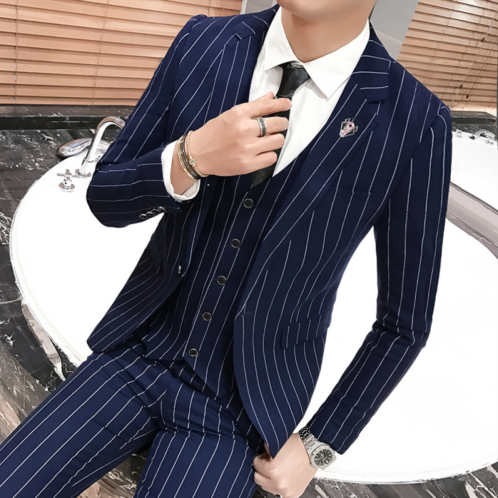 

2021 Autumn Business Leisure for Men Single Row One Buckle Stripe Suit Pieces Set Marriage Takim Elbise Male Lfhz, Black