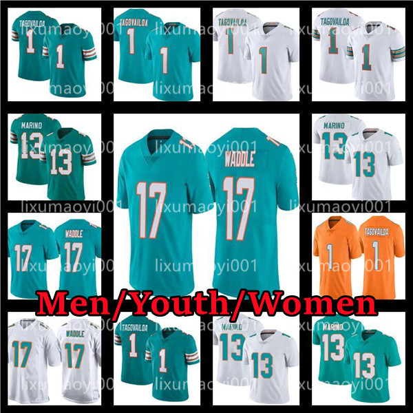 

Mens Womens Youth 17 Jaylen Waddle Jersey 1 Tua Tagovailoa 13 Dan Marino Orange Custom Football Jerseys, As