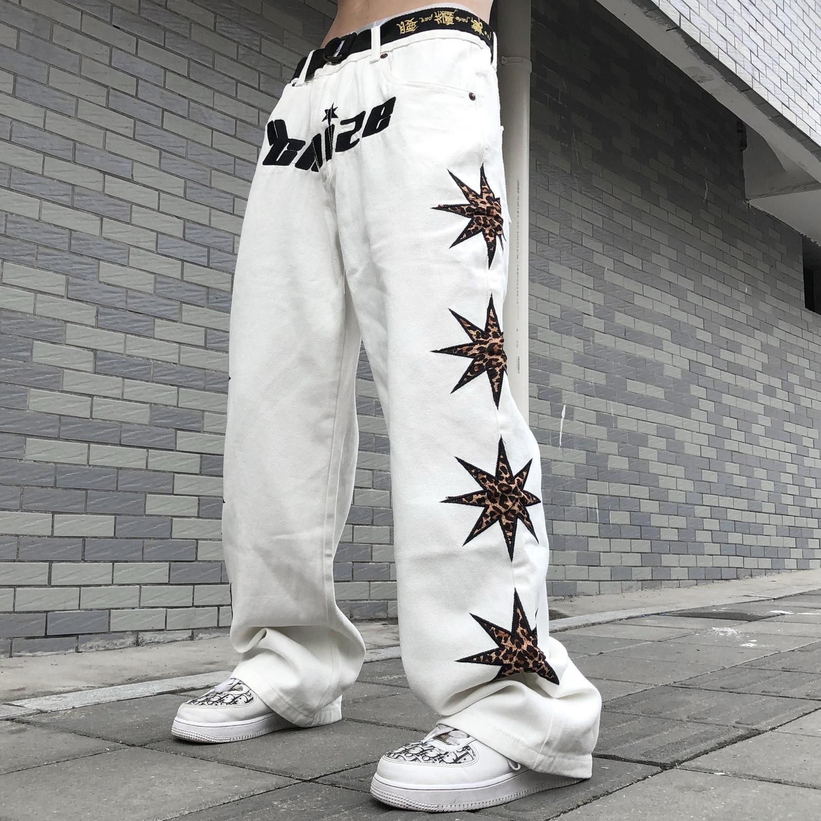 

2021 White Denim Stars Letter Embroidery Hip Hop Cool Girls High Waisted Wide Leg Loose New Casual Streetwear Woman Jeans Ck8g