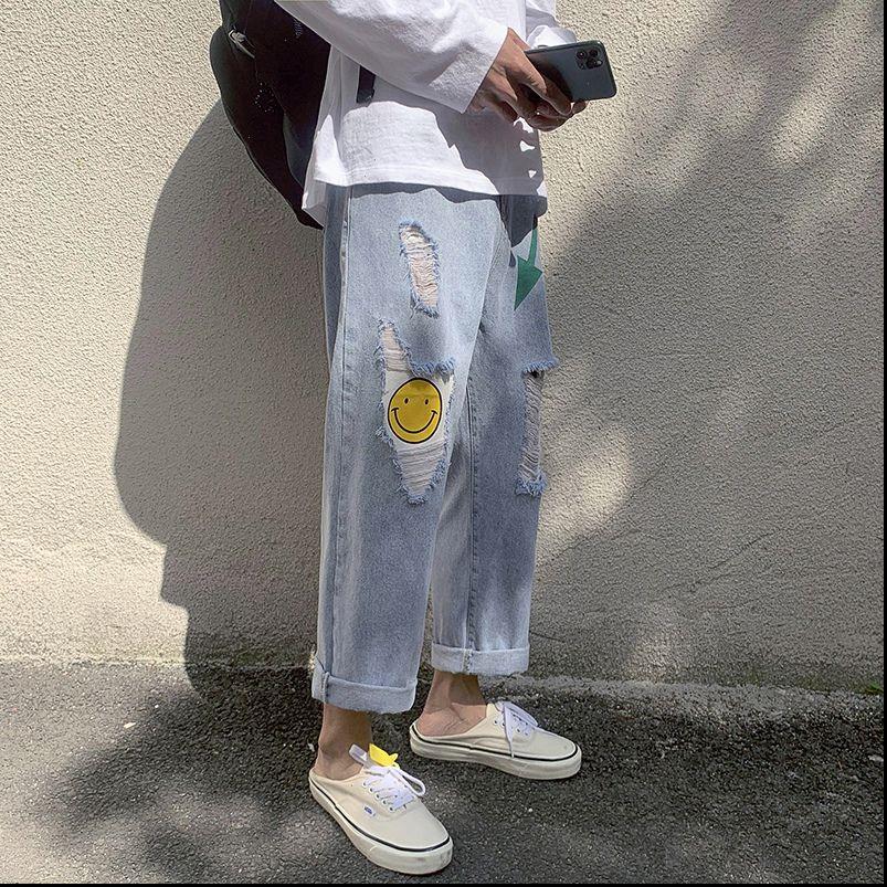 

summer ripped boyfriend jeans men women loose high waist jeans cool couple jeans pantalones mujer vaqueros hip hop smile, Blue