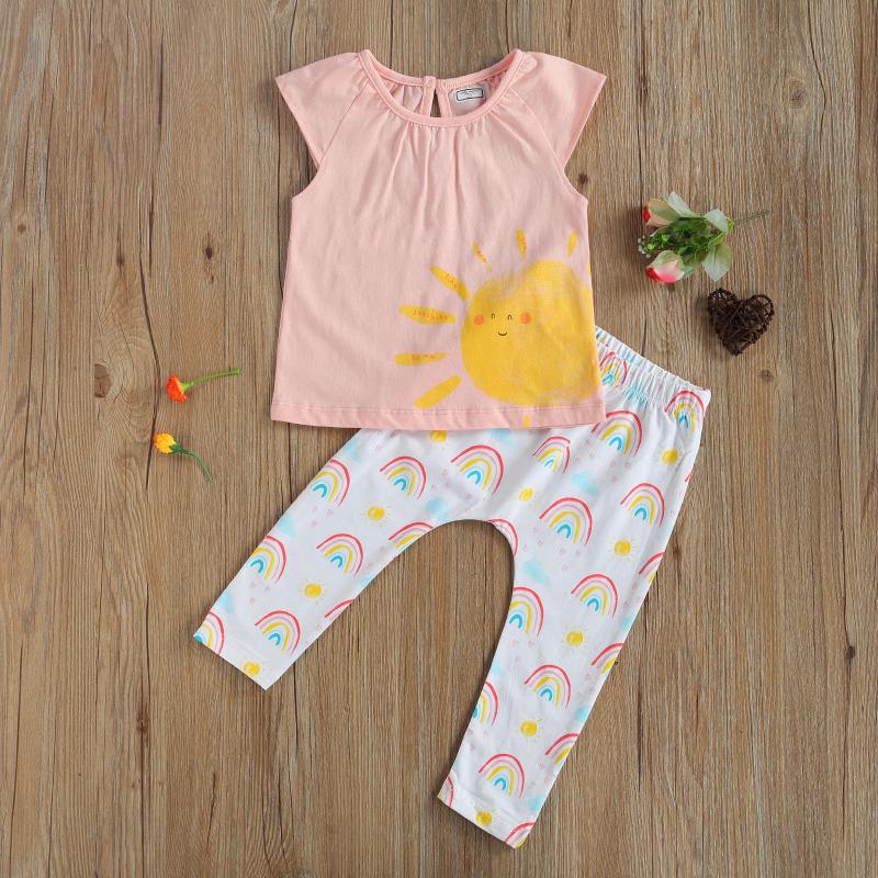 

Little Girls Cartoon Print Set, Sun Print Short Sleeve Tops and Rainbow Long Pants 2-piece Suits, As pic