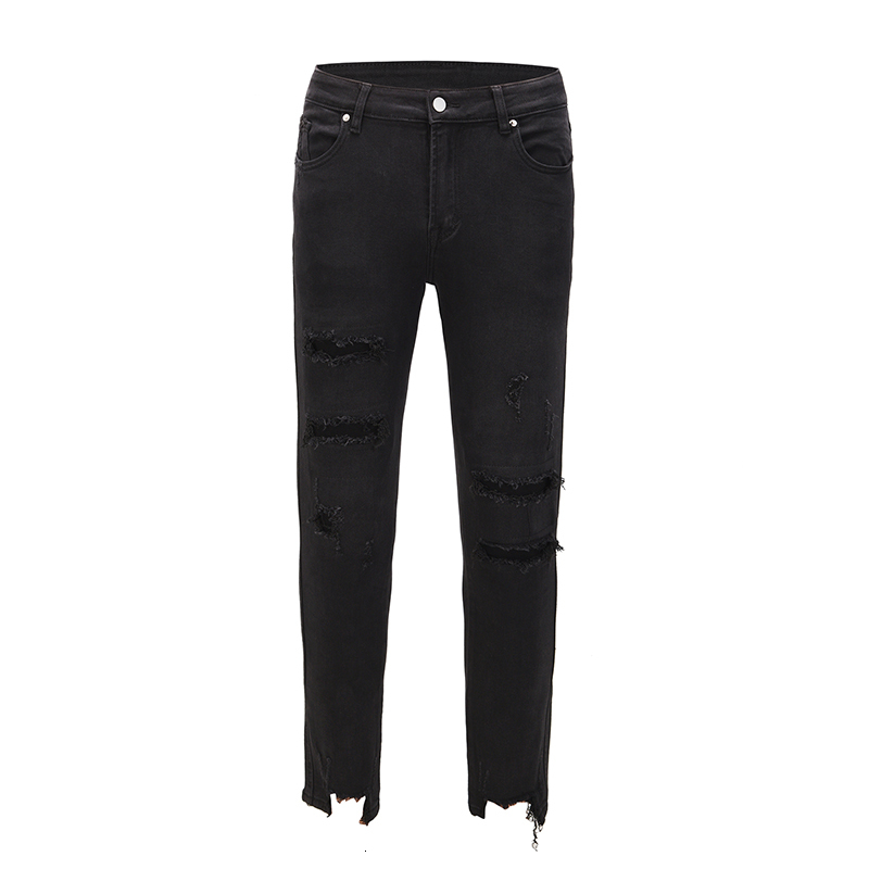 

2021 New Street Hole Destroyed Raw Ee Stretch Jeans Mens High Waist Straight Fringe Casual Pencil Pants Hip Hop Denim Trousers G7fj, Black