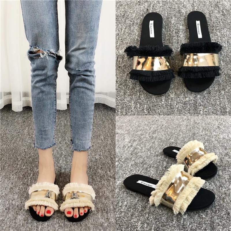 

Slippers Akexiya Ladies Cozy Shoes Women Rhinestone Fashion Metal Bling Slides Fringe Flip Flops Summer Flat Outside, Beige