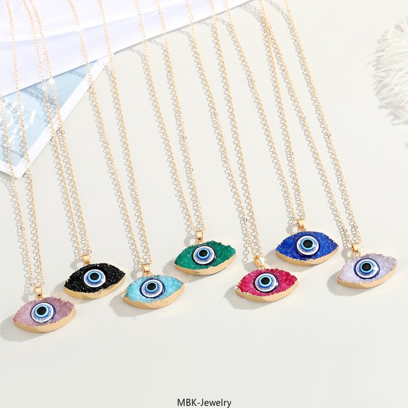 

Turkish Lucky Jewelry Colorful Druzy Devil Eye Pendant Necklace Gold Plated Resin Evil Eyes Necklace, Silver