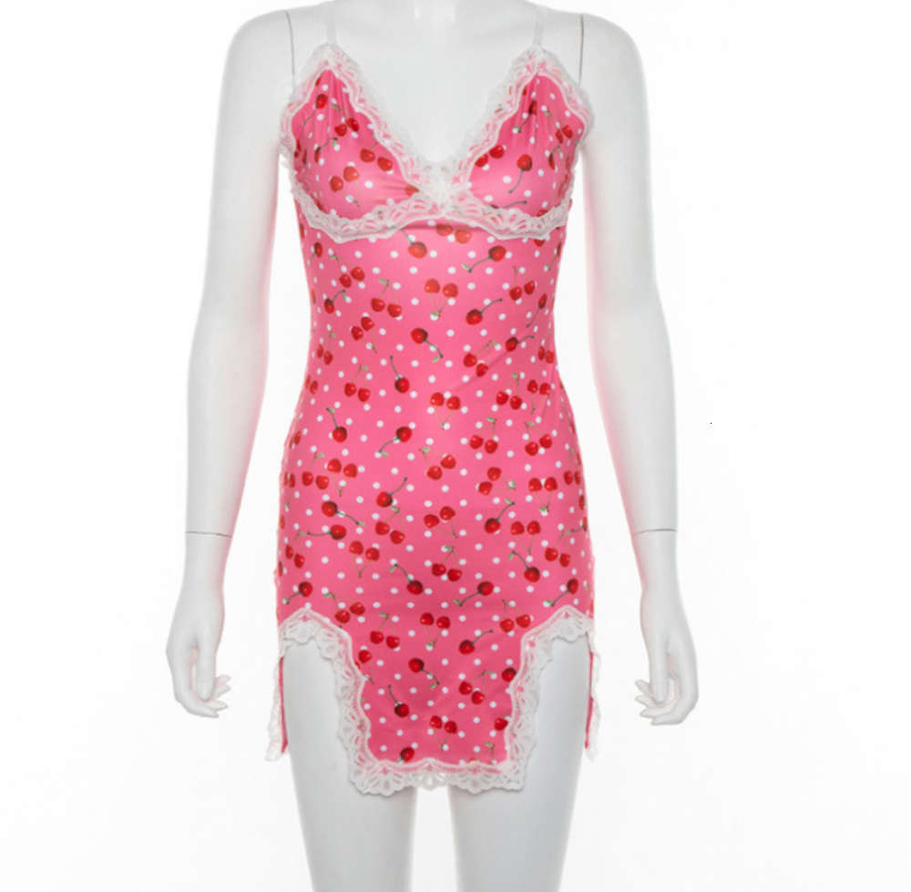 

Summer suspender open back hem split cherry print lace Jumpsuit skirt, Black;gray