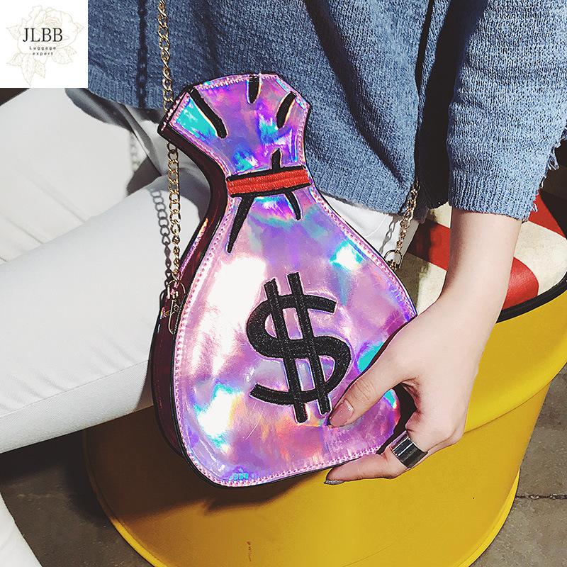

creative funny laser money shape women shoulder bags designer chains messenger crossbdoy bag luxury pu leather gold small purses, Black