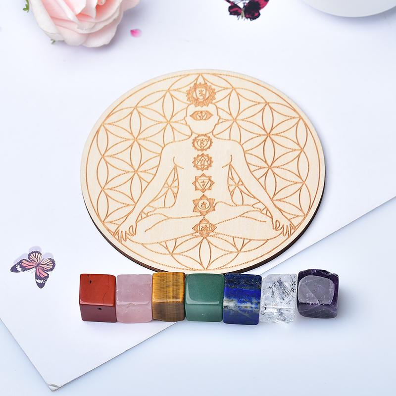 

Decorative Objects & Figurines 7pcs/set Natural Crystal Stone Cube Mixed Seven Chakra Healing Star Array Wood Plate Yoga Home Decor Gift