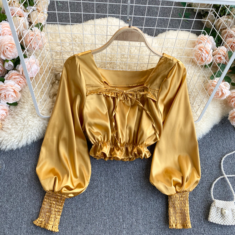 

2021 New Satin shirt female design sense niche wooden ears collar slim short puff sleeve top women spring trend X2H4, Blue