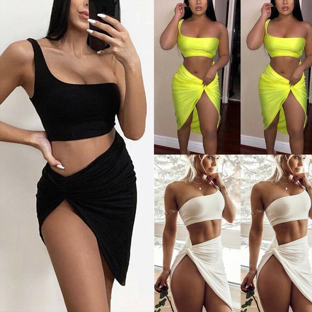 

summer party club beach women tracksuits sets one shoulder tanks vest crop bandage mini lady chic bodycon slim, Gray