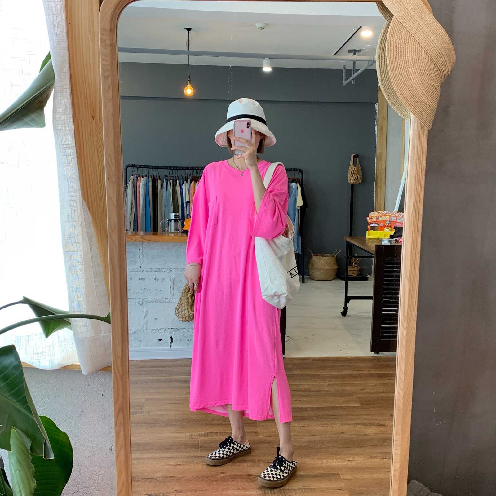 

Korea Spring Fashion O Neck Solid Loose and Plus-sized Slim Retro Ankle-Length Dress Women 210615, Blue