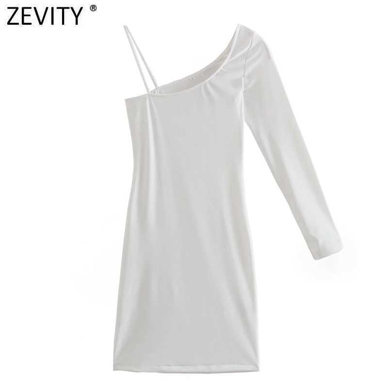 

Zevity Women Sexy Single Shoulder Asymmetrical Shirt Dress Female Chic Side Zipper White Casual Slim Mini Vestidos DS8276 210603, As pic ds8276daa