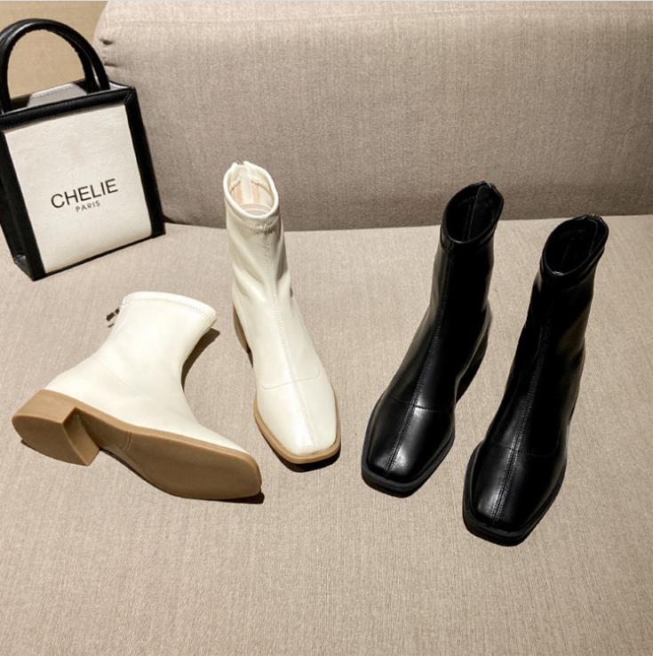 

Boots Square Toe Short Woman Ankle Women Booties Thick Sole Shoes Platforms European Style Female Footware Black WHITE