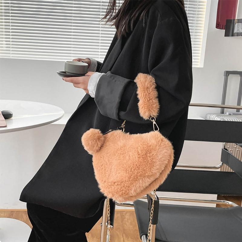 

2021 New Plush cute Heart Shape Faux Fur Top-handle Bag Purse Crossbody Shoulder Bags For Kids and Women, Black