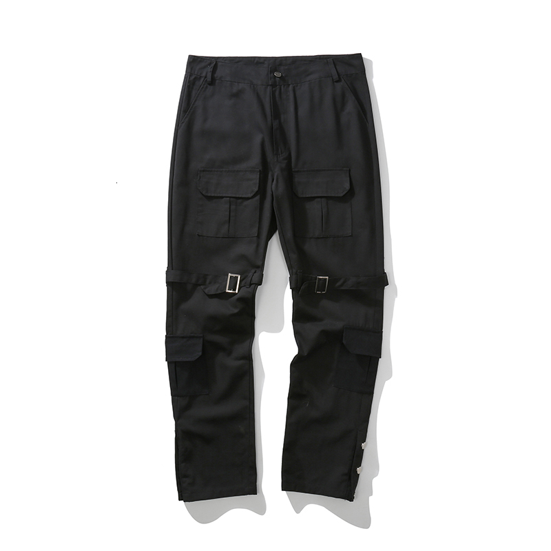 

2021 New Novo Multi-bolsos Na Altura Joelho Abotoado De Carga Reta Homens e Mulheres Boto Do Tornozelo Solto Calas Casuais Hip Hop Baggy Cdj, Black