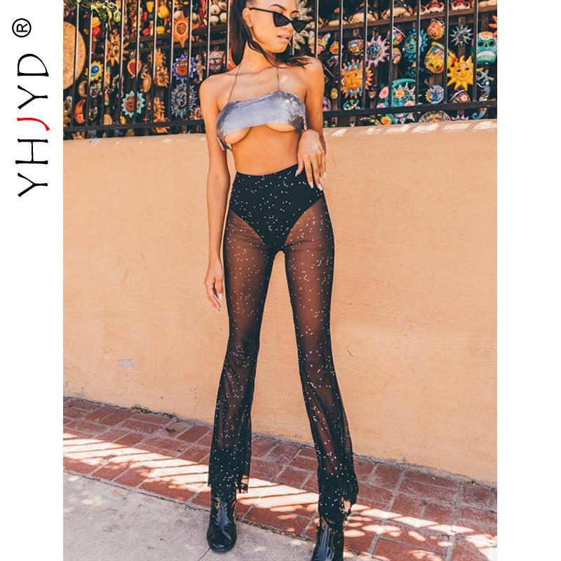 

Women' Pants & Capris YHJYD Sparkly Rhinestone Black Mesh Sexy Flare Streetwear Rave Bottoms See Through Beach Bell Bottom