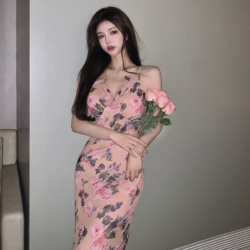 

WOMENGAGA Women's Pink Slim Long Dress Floral Dresses Elegant Lace Mesh Tank High Waist Girl Female N8NH 210603