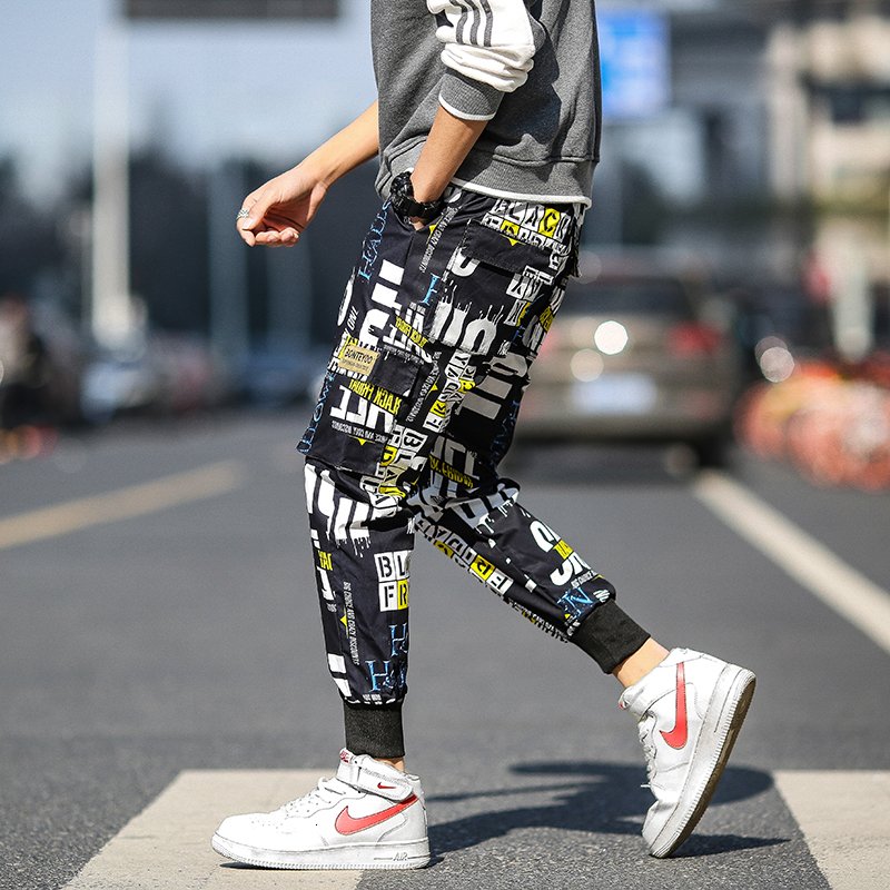 

2021 New Men Cargo Streetwear Hip Hop Sweatpants Hallways Hare Elastic Waistband Waistbands Printed Male Harem Pants Rn45, Blue.