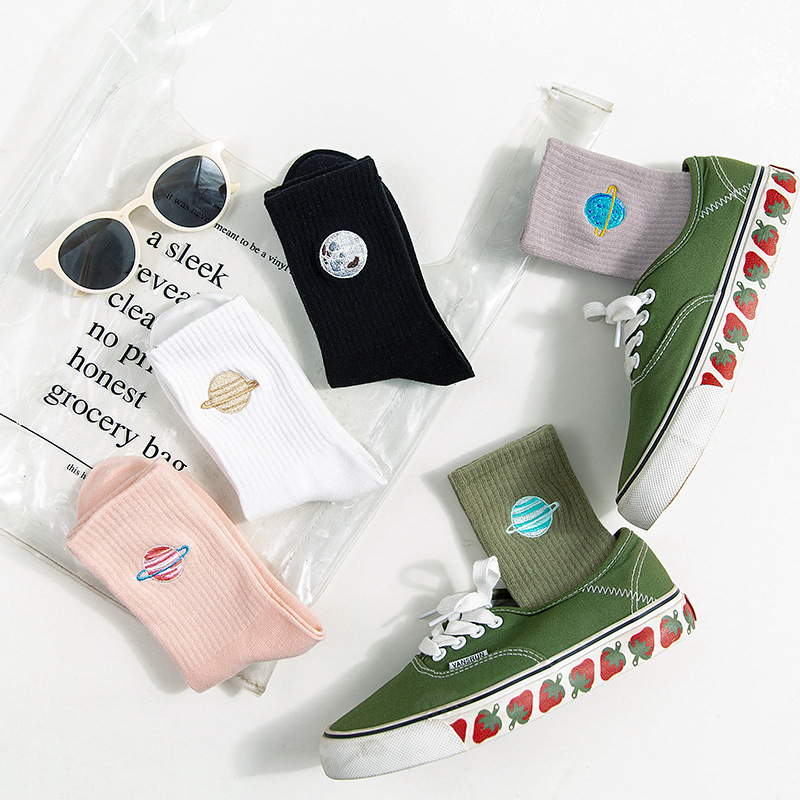 

Woman Socks Autumn Cute Japanese Harajuku Planet Magic Array Embroidery Long Korean Women Style Kawaii Girls Socks Gifts, Beige