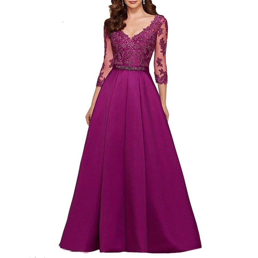 

2021 New 3/4 Sleeves Evening Es Elegant Lace Appliqued Beaded Long Formal Gowns Illusion V-neck Satin Prom Epxf, Burgundy