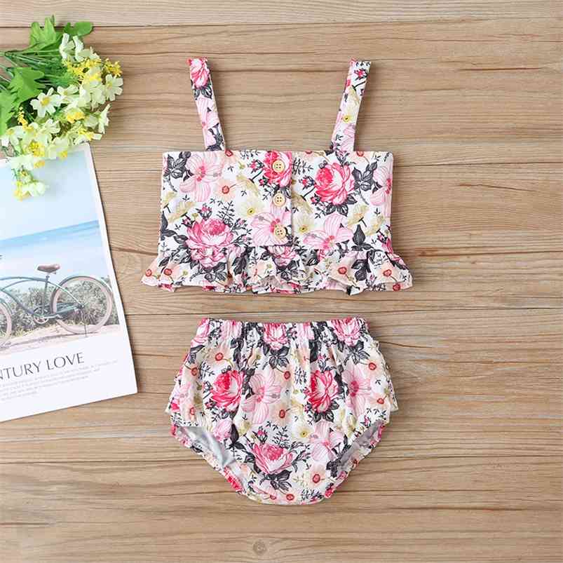 

Summer Children Sets Casual Girls Strap O Neck Print Floral Tops Short Pants Cute Clothes 6M-24M 210629, Pink