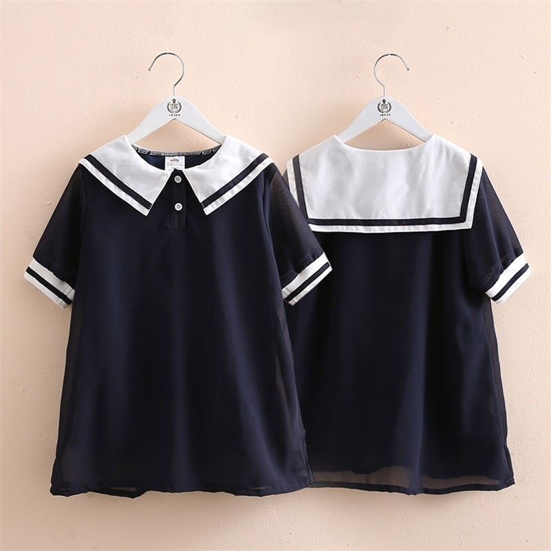 

Summer Military Style 2-8 10 Year Children Short Sleeve Sailor Collar Patchwork Navy Blue Chiffon Dress For Kids Blue Girls 210701