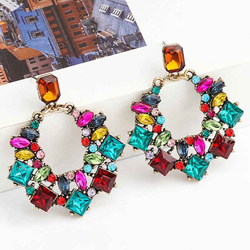

Dangle & Chandelier ZHINI Boho Color Crystal Rhinestone Earrings For Women Vintage Personality Geometric Oval Hollow Pendant Earring Jewelry