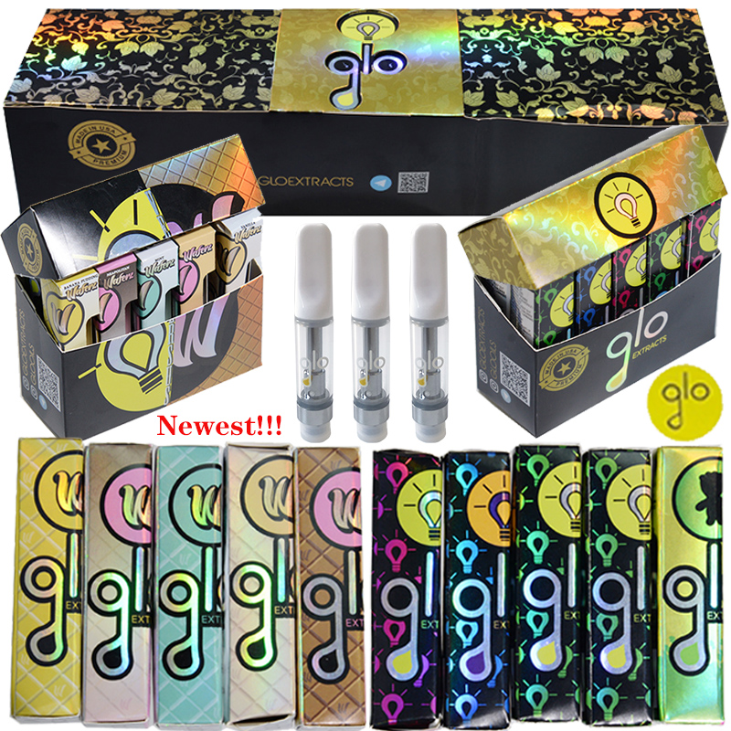 

20 Strains GLO Extracts Vape Cartridges Hologram Packaging Atomizers Oil Carts Vapes Pen Ceramic Coil Glass Thick Dab Tank 510 Thread With Q