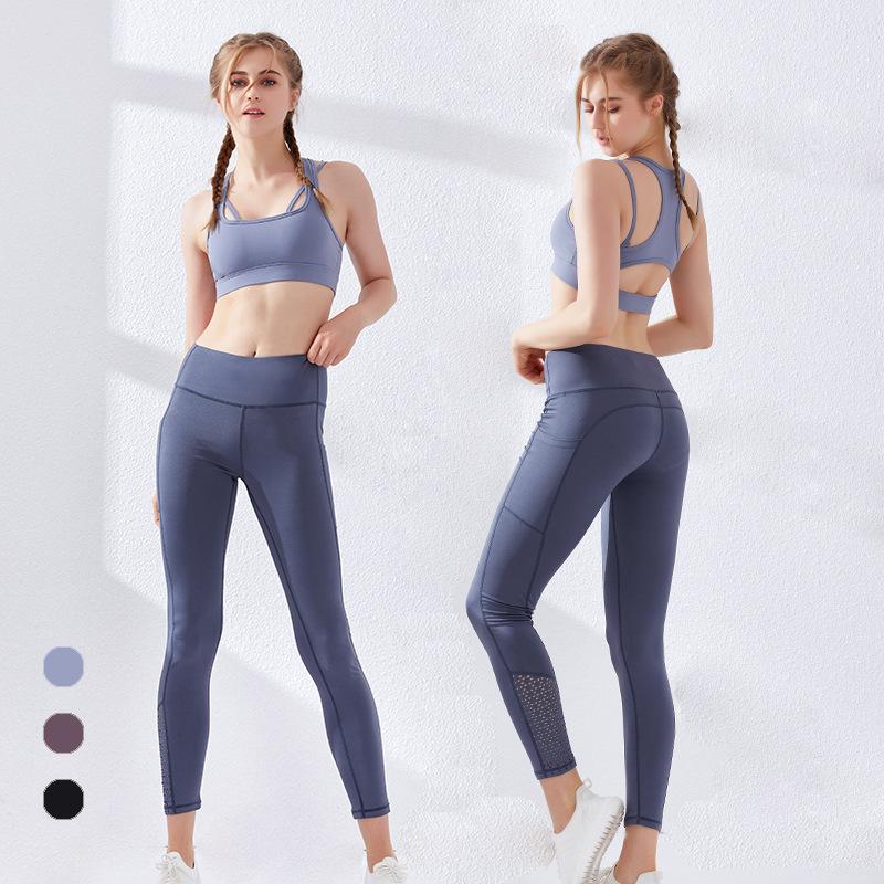 

Yoga Suit Womens Set High-Waisted Tight Pants Wicking Breathable Sexy Sports Brassiere Two-Piece /40, Haze blue
