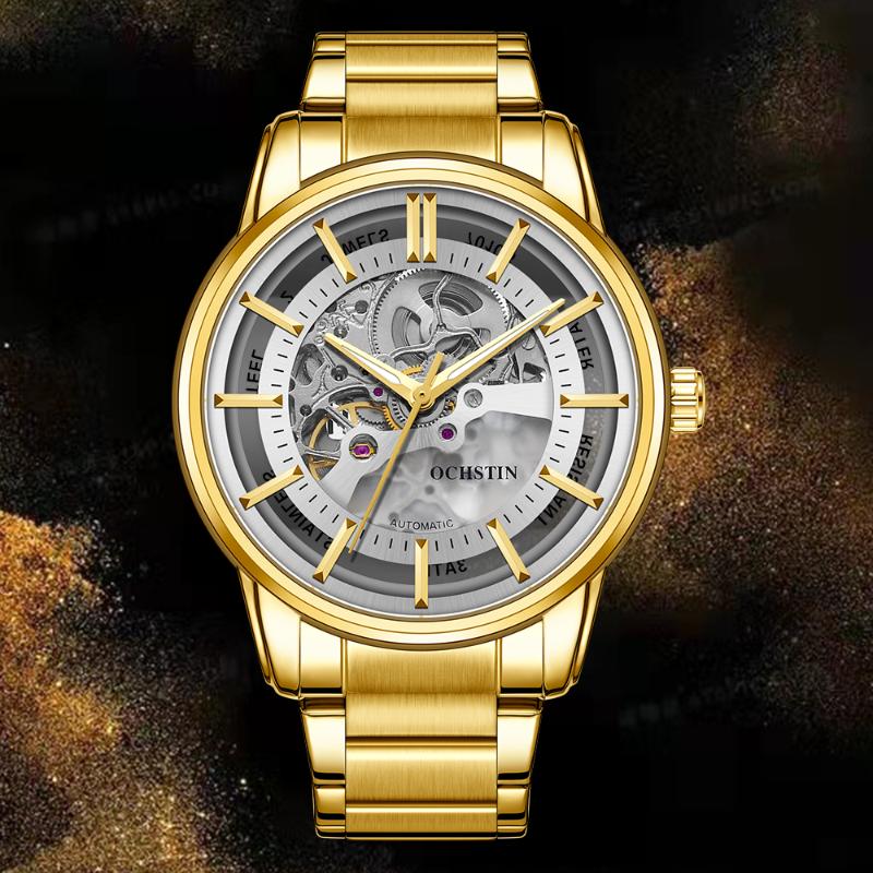

Wristwatches OCHSTIN 2021 Fashion Man Watch Skeleton Stainless Steel Men Mechanical Transparent Waterproof Automatic Watches, Silver red