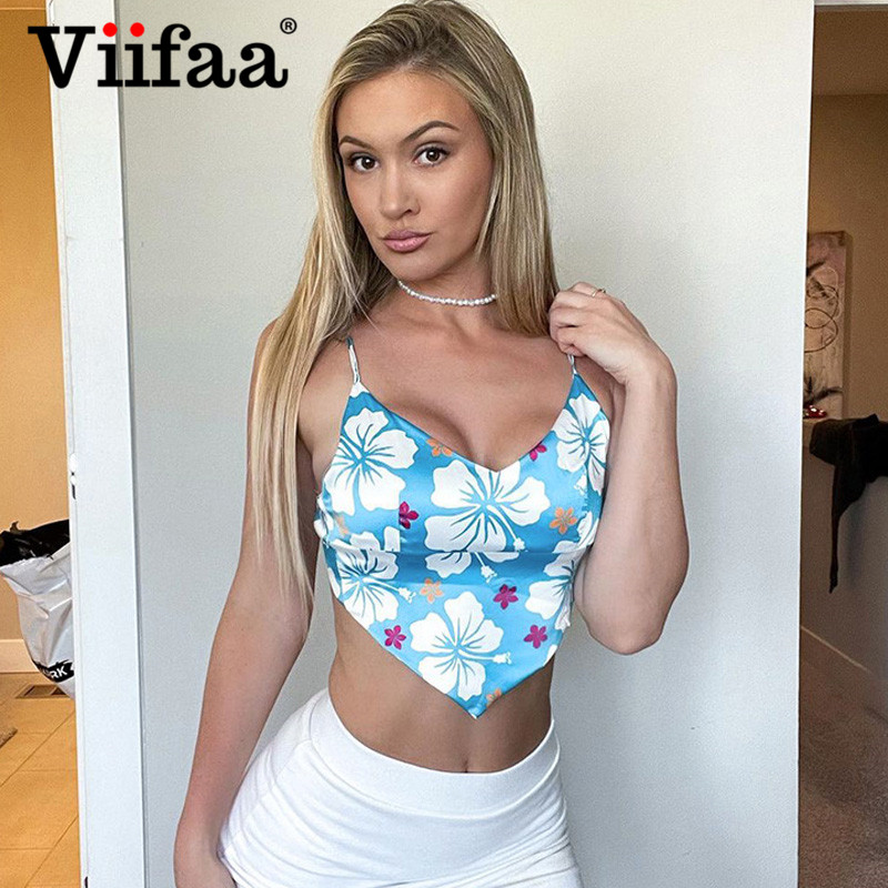

Viifaa Fashion Y2K Streetwear Women Top V-Ne Spaghetti Strap Floral Camis Summer Baless Sexy Silky Topshigh quality, Blue