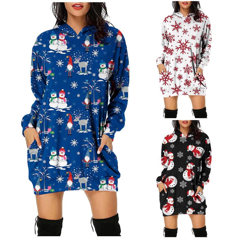 

Casual Dresses Ladies Fashion Christmas Printed Hoodie Wrap Hip Long Sleeves Pockets Loose Sweatshirts Dress, Black;gray