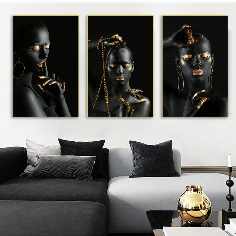 

Canvas Print Black Woman With Golden Finger And Lips Oil Painting African Women Poster Home Decor Canvas Wall Art Pictures Mural