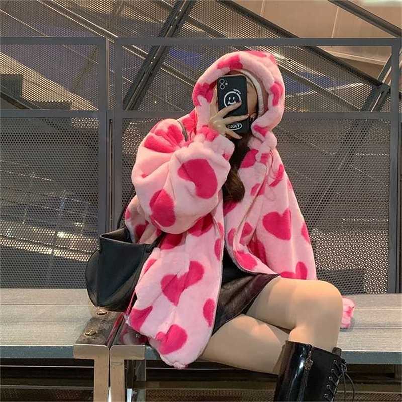 

Women' faux rabbit fur jacket autumn and winter love plush women loose hooded thick cotton-padded clothes 211109, Clear