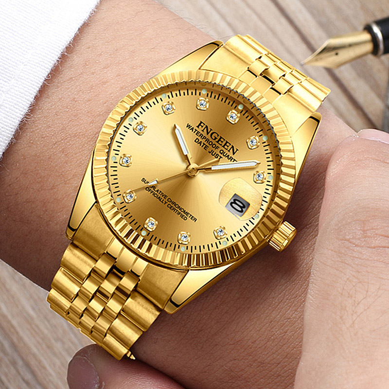 

Watch FNGEEN Men Fashion Business Rhinestone Male Clock Men's Quartz Gold Watches Top Brand Luxury Waterproof Date Wrist, Slivery;brown