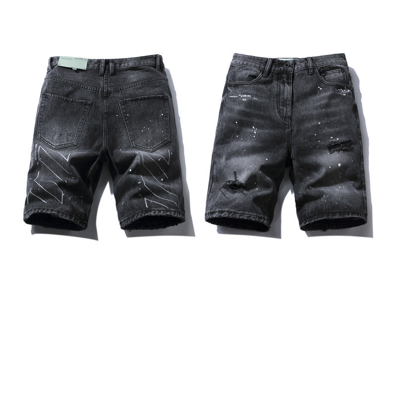 

High Quality Off Style White Reflective Incomplete Sketch Arrstyle Splash Ink Wear Out Denim Shorts Fashion Brand Capris, Black
