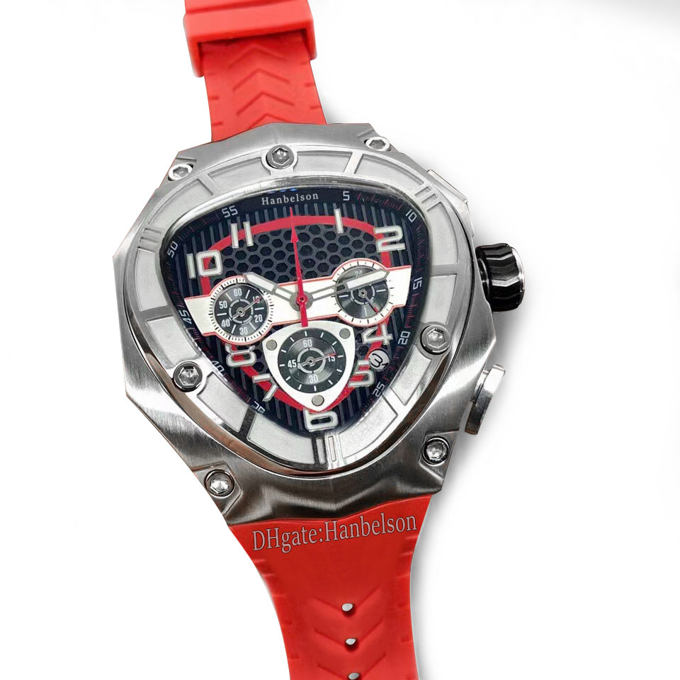 

Limited edition Mens Watch Clock Male Quartz Wristwatch Triangular steel case Chronograph Red rubber strap Racing element dial Relogio Masculino Hanbelson, Black