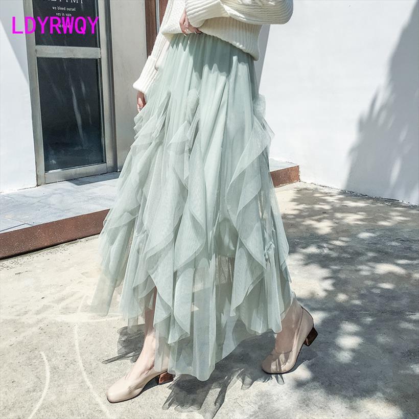 

[ldyrwqy] mesh fall winter korean women skirts solid color puff long ankle length ball gown casual, Black