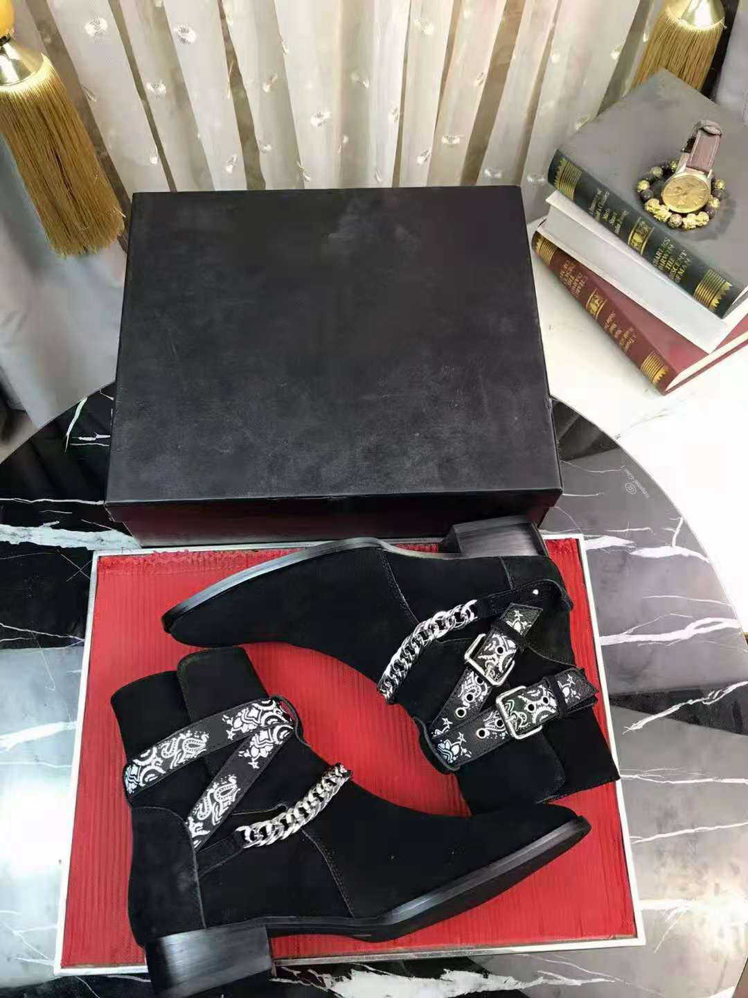 

Fashion Brand Shoes Ami Ri Bandana Buckle Boots Rock Roll Culture Cool Black Suede Silver-tone Metal Curb Chain Buckles Straps Low Stacked Heel