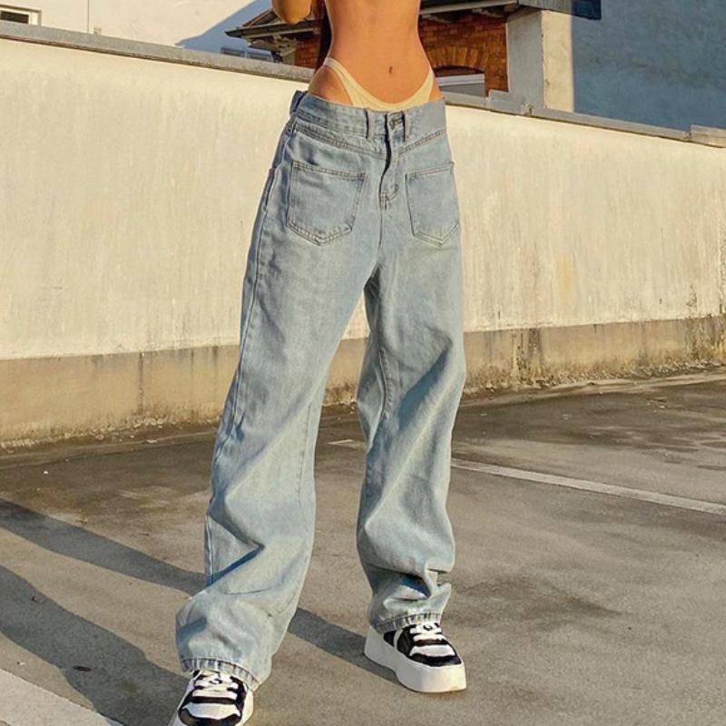 Women&#039;s Jeans Front Pockets High Waisted Wide Leg Baggy 90s Cargo Aesthetic Pants Oversized Trousers Women Blue Boyfriend Femme-image-729818362
