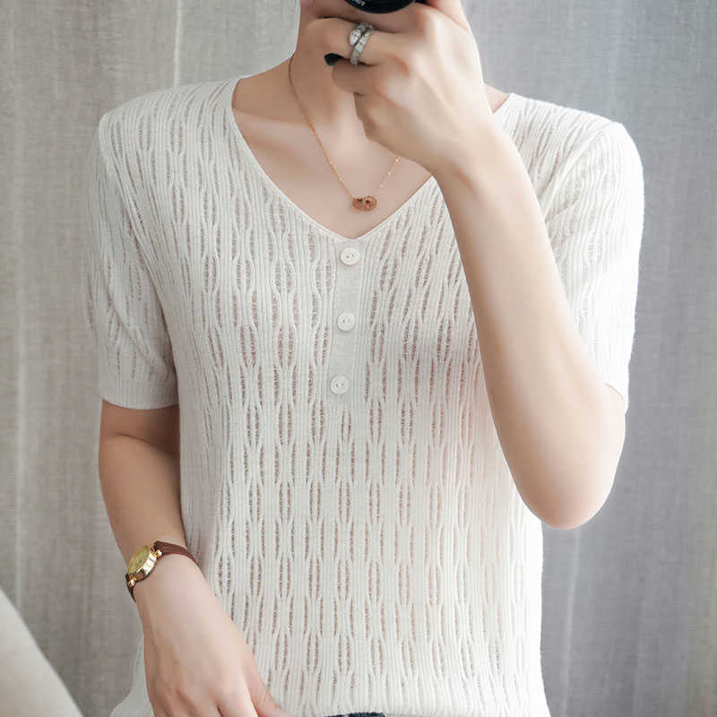 

chic oversize casual summer Basic Sweater button v-neck short sleeve crop Sweater pullovers Women loose Pullover female 210604, White