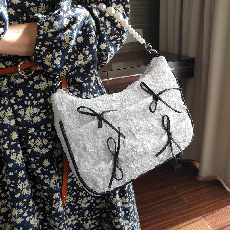 

Vintage Women Folds Bowknot Baguette Purse Handbags Pearl Chain Ladies Hobos Underarm Bag Female Girls Shoulder Messenger Bags, White