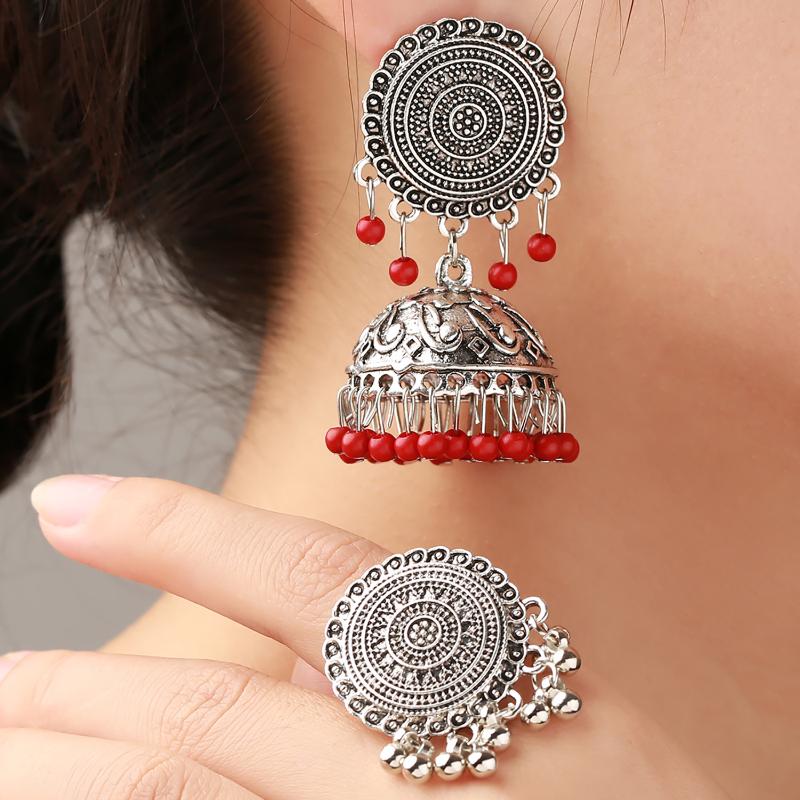 

Earrings & Necklace Jewelry Boho Red Acrylic Beads Tassel Drop Rings Sets For Women Pendientes Bridal Gift Gypsy Turk, Silver