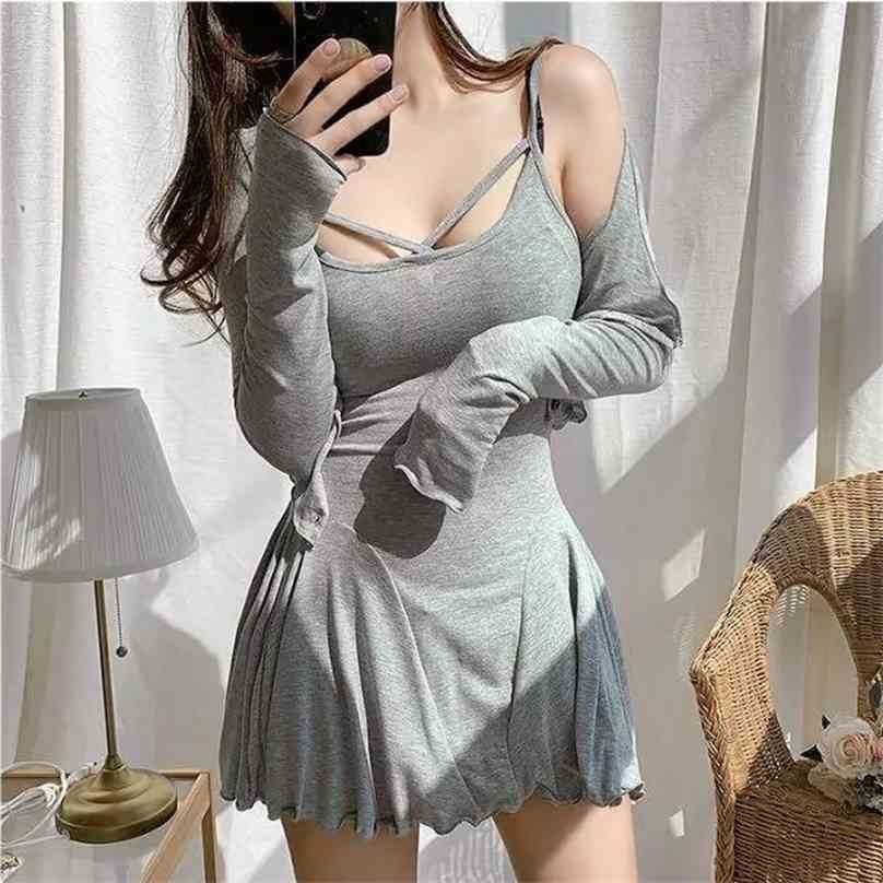

Women Sexy Two Piece Sets Summer Spaghetti Strap Dress + Short Jacket Cardigan Outfit Woman Transparent Suits Clothes 210525, White