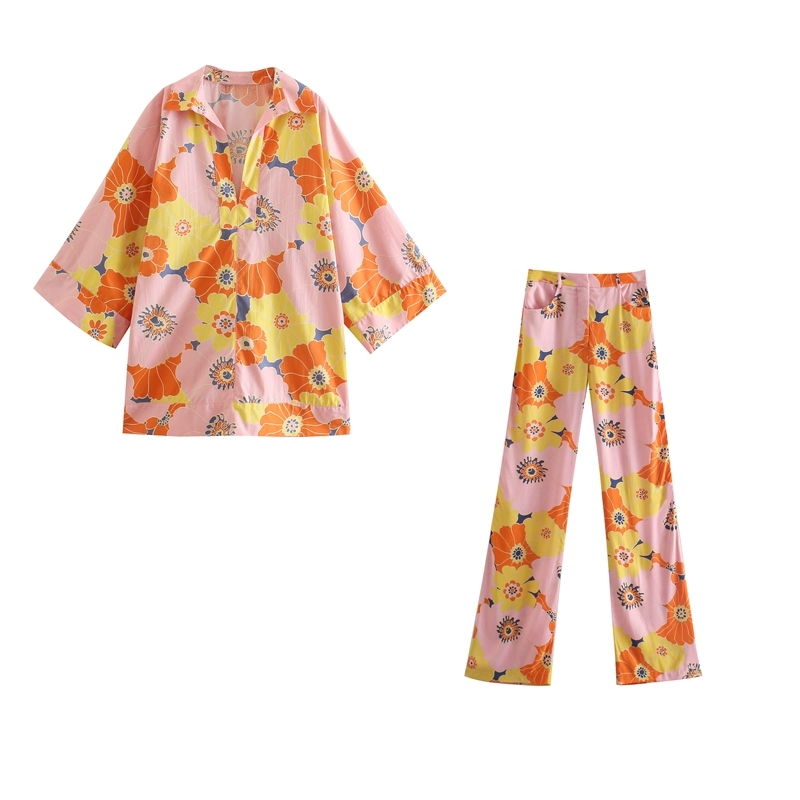 

Casual Two Piece Top and Pants Set Women Summer Loose Blouse Outfits Flowers Print High Waist Trousers Sets For Ladies 210525