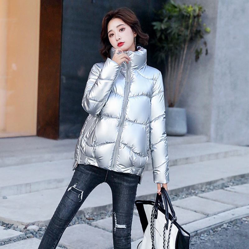 

2021 New Solid Winter Jacket for Women Short Style Ladies Er Coats Casual Collar Stand Shiny Cotton Padded Female Parkas Outwear Orra, Black