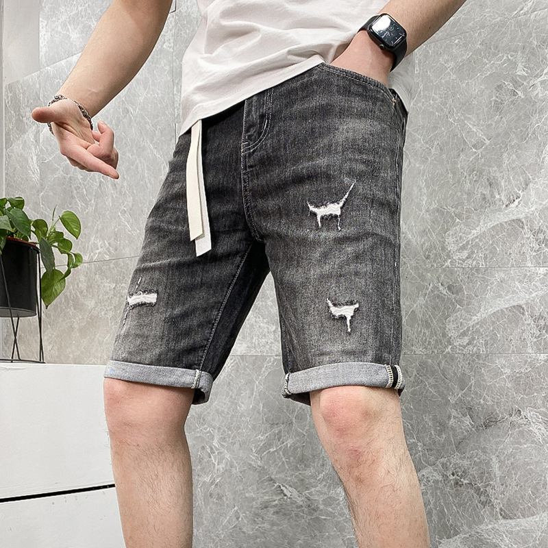 

shorts 2021 summer capris black grey stretch denim pants men's perforated young men, White;black