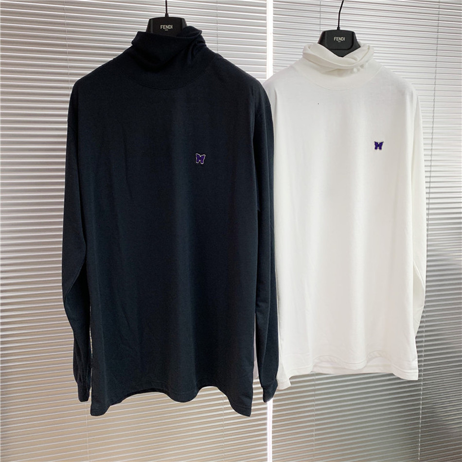 

2021 New Casual Loose Long Sleeve T-shirt Men Women Butterfly Embroidery Needles Turtleneck Basic t Shirt Awge Mock Neck Tee Ny2j