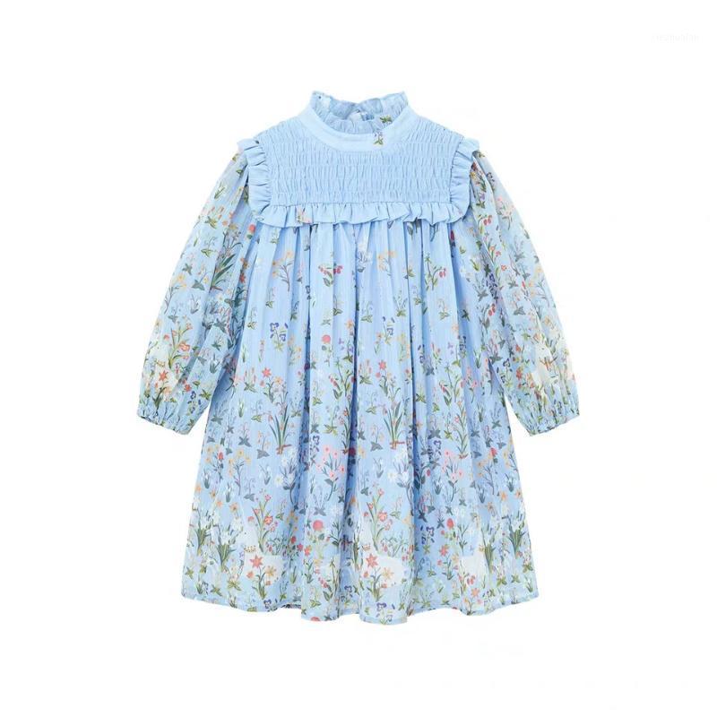 

2020 spring summer new princess dress kids girl blue floral print sweet dresses little girls long sleeve elegant dresses1, Sky blue