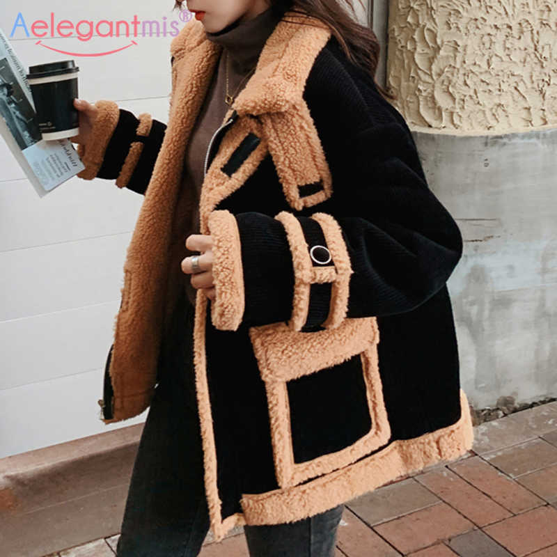 

Aelegantmis Lamb Wool Thicken Warm Women Short Jacket Coat Women's Winter Parkas Coats Ladies Preppy Style Corduroy Overcoat 210607, Black